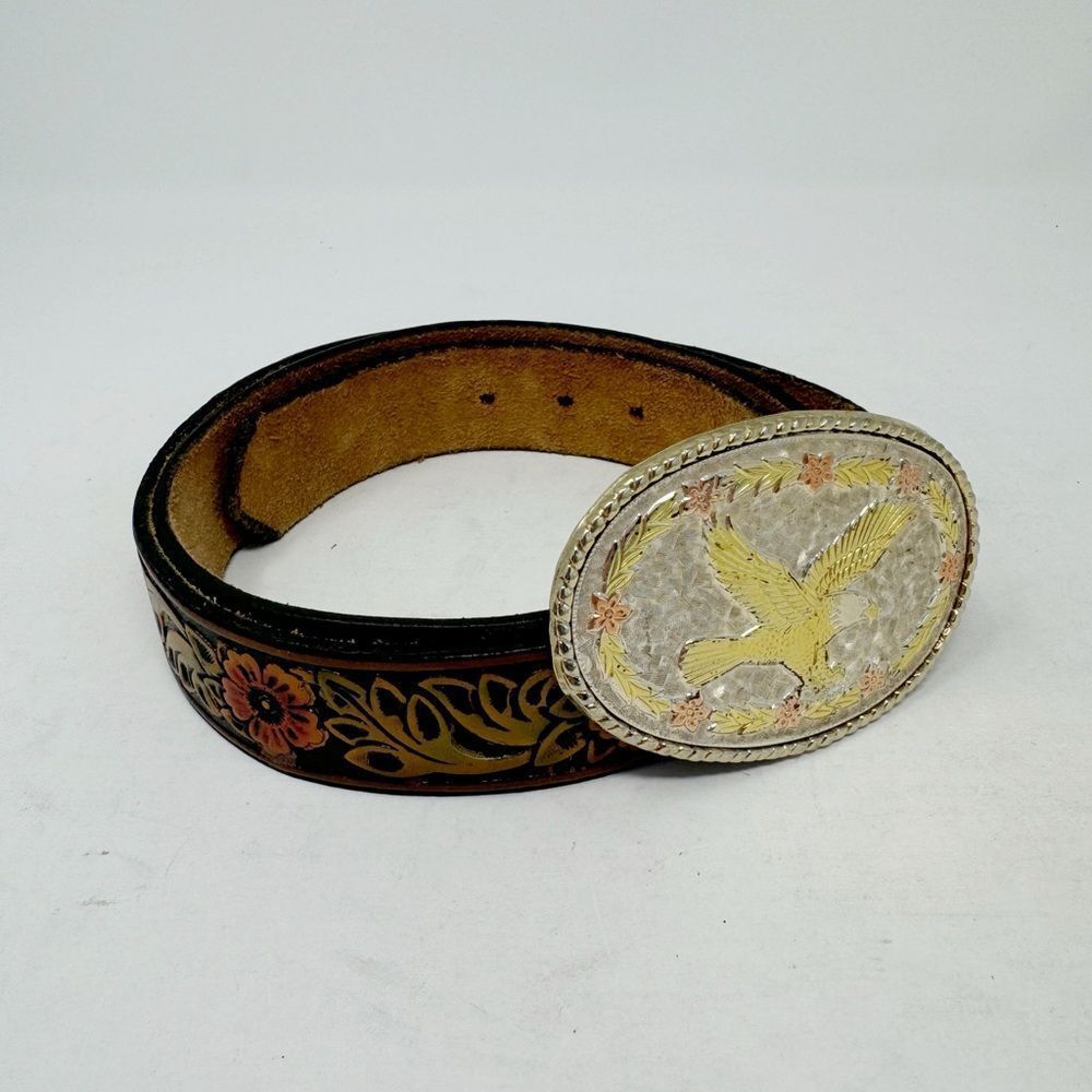 UNBRANDED | Floral Tooled Cow Hide Leather Belt Eagle Buckle Women’s Size S/M